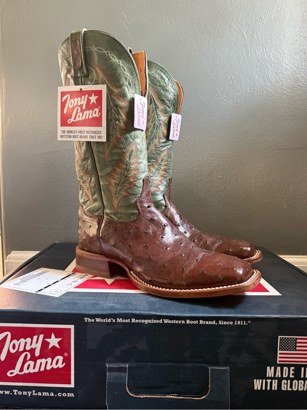 Tony Lama Brown Ostrich Western Boots with Green Embroidered Shaft